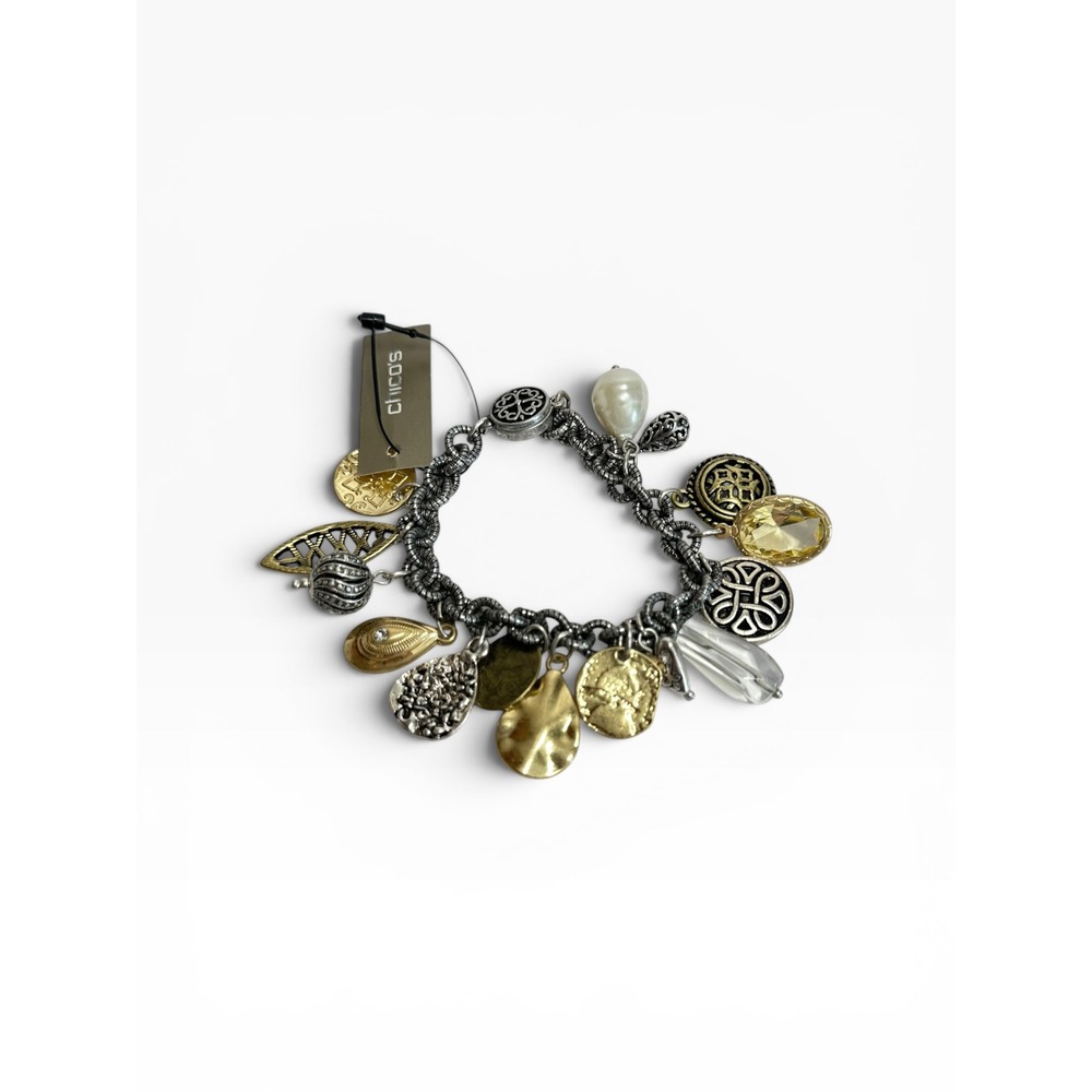 Chicos Charm 7" Bracelet Gold Silver Tone Coin Pearl‎ New Multi Charm